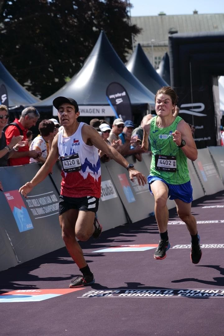 Jaka Marinko sprinting for the finish line at the World Mountain and Trail Running Championships